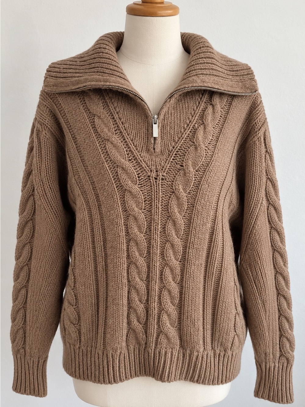 Olivaceous Wool Blend Cable Knit Quarter Zip Sweater Medium Taupe